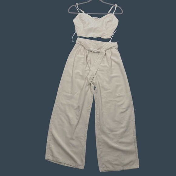 Night sky Linen Blend Crop Top & Wide Leg Pants Set Ivory S neutral co ord set - Picture 1 of 13